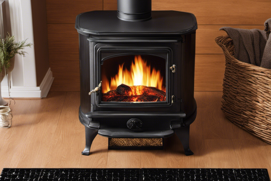 An image showcasing a sturdy, heat-resistant hearth pad beneath a gleaming wood stove