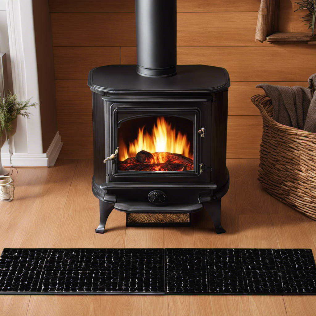 An image showcasing a sturdy, heat-resistant hearth pad beneath a gleaming wood stove