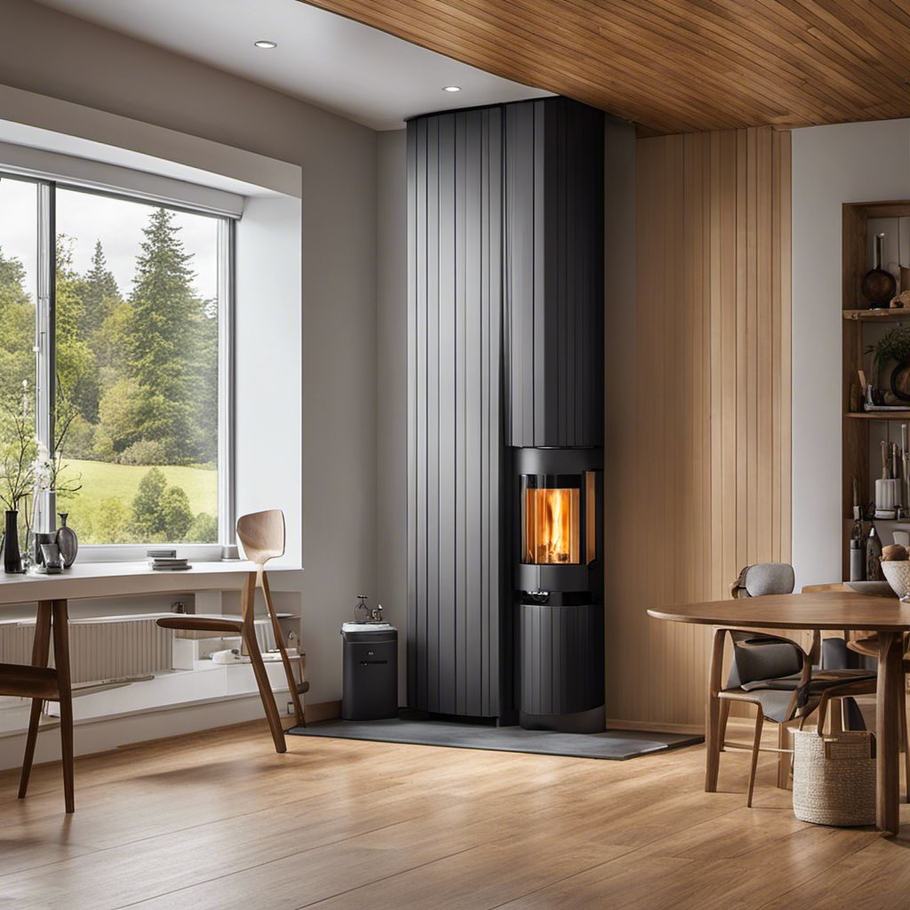 An image showcasing a cozy home interior with a wood pellet boiler as the focal point, emanating gentle warmth and providing hot water for radiant floor heating, radiators, and domestic use