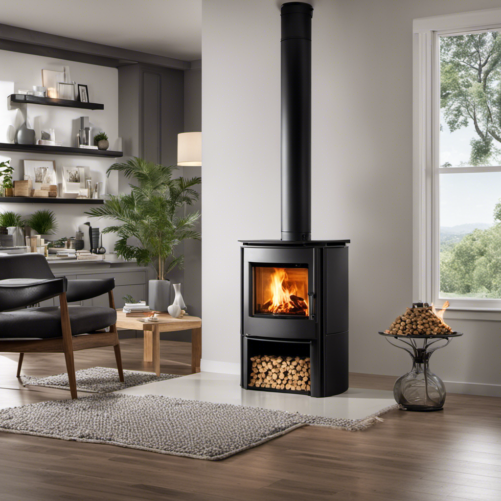 An image showcasing a cozy living room with a wood pellet stove as its focal point