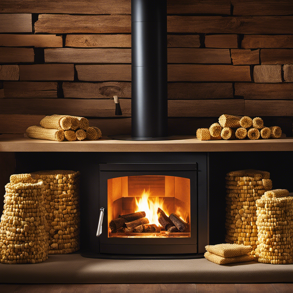 An image showcasing an array of unconventional materials like corn cobs, nutshells, and sawdust, neatly stacked next to a wood pellet stove