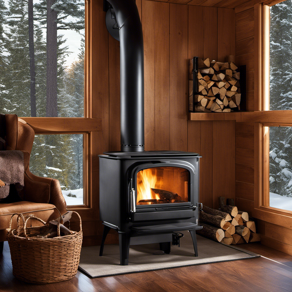 An image showcasing a close-up of a well-maintained, high-efficiency wood burning stove nestled in a cozy cabin setting, surrounded by a stack of seasoned firewood, a well-insulated chimney, and a clean, clear glass door radiating warmth and comfort