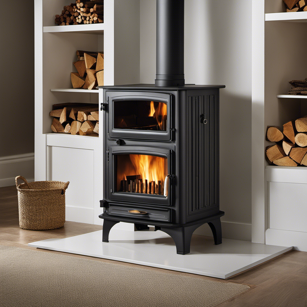 An image showcasing a close-up of a high-efficiency wood burning stove, highlighting its innovative design features such as durable firebricks, air control settings, and advanced combustion system, all contributing to its extended lifespan