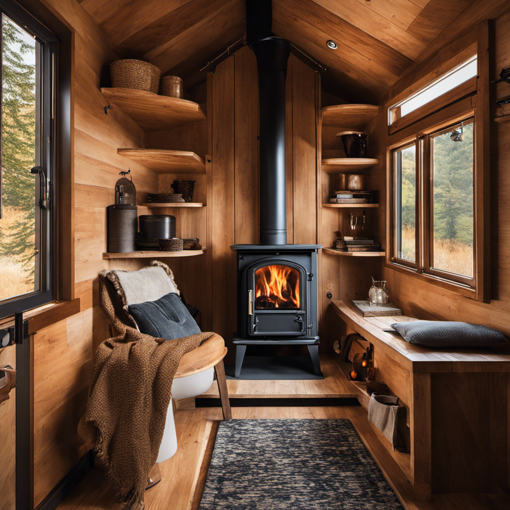 An image showcasing a cozy, compact living space adorned with a charming wood stove