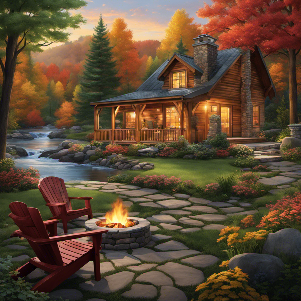 An image depicting a serene backyard landscape, featuring an outdoor wood stove nestled amidst towering trees, surrounded by a spacious seating area with comfortable chairs, a crackling fire, and a picturesque view of a nearby river or mountains