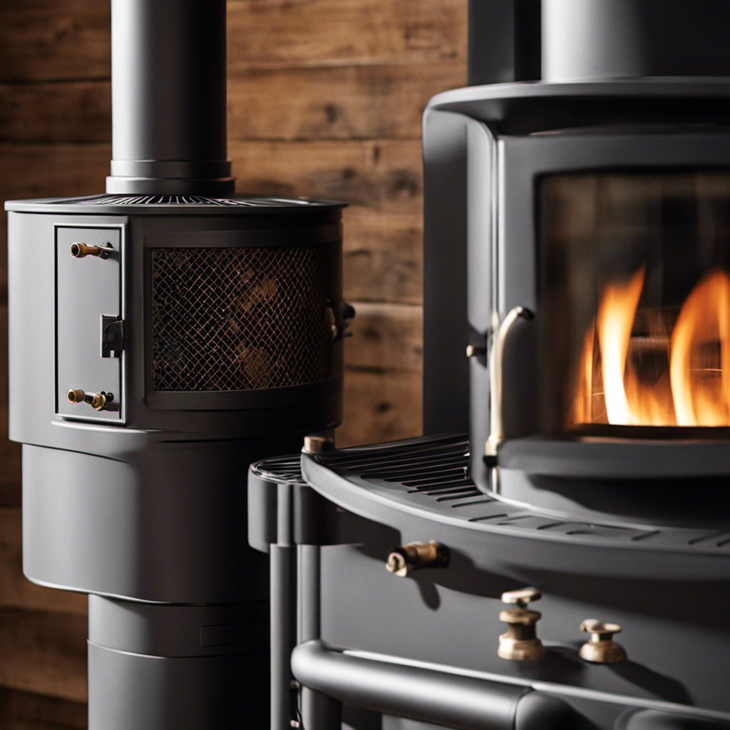 An image showcasing a close-up of a wood stove installation, capturing the intricate details of a black pipe's gauge