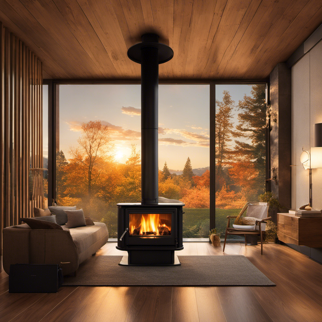 An image of a cozy living room, bathed in warm golden light, where a crackling wood stove stands proudly