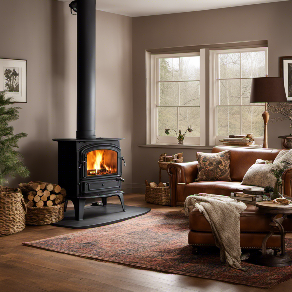 An image featuring a cozy living room with a wood stove as the focal point