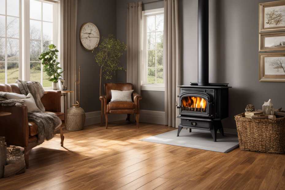 An image showcasing the interior of a cozy living room, featuring a direct vent wood stove as its focal point