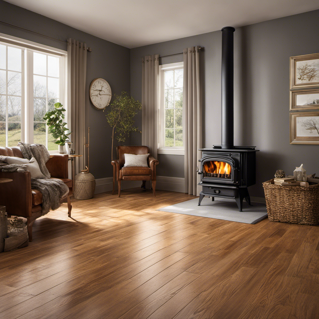 An image showcasing the interior of a cozy living room, featuring a direct vent wood stove as its focal point