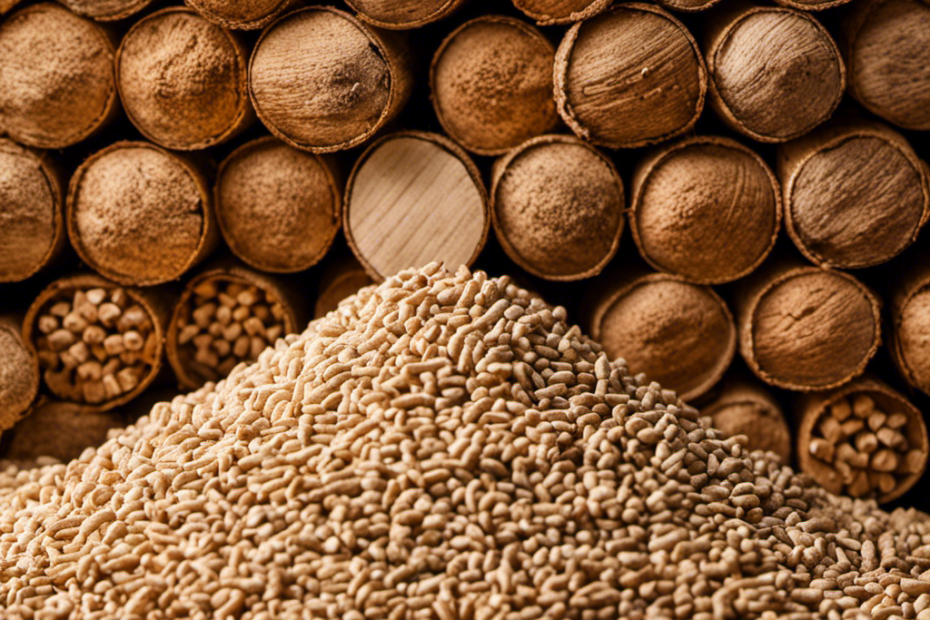 An image showcasing a carefully stacked pile of wood pellets, where the ash content is visually represented by a small, neat pile of fine, powdery ash beside it