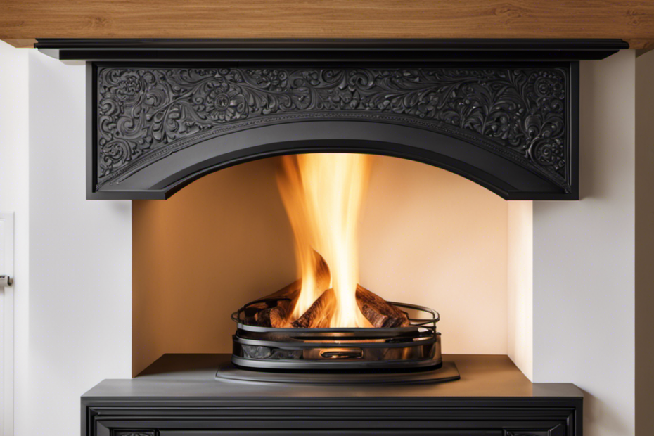 An image showcasing the intricate details of a wood stove lintel, displaying its solid wooden construction, smooth finish, and carved ornamental patterns