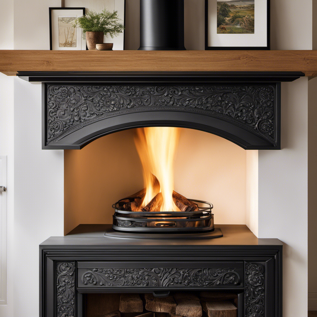 An image showcasing the intricate details of a wood stove lintel, displaying its solid wooden construction, smooth finish, and carved ornamental patterns