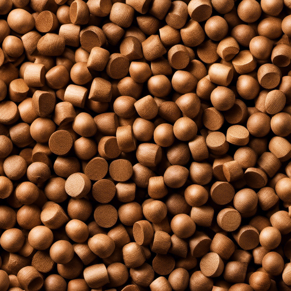 An image showcasing a close-up view of a neatly stacked pile of small, cylindrical wood pellets in various shades of brown