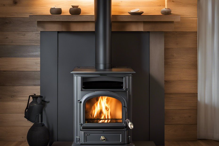 An image showcasing the efficiency of a wood pellet stove by contrasting a stack of wood pellets, emitting cozy warmth, with an LP gas tank, highlighting the eco-friendly and sustainable advantages