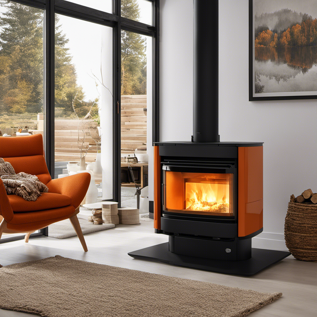 An image showcasing a cozy living room with a modern pellet stove in one corner, emitting a warm orange glow, contrasting with a traditional wood furnace on the opposite side, surrounded by stacks of firewood
