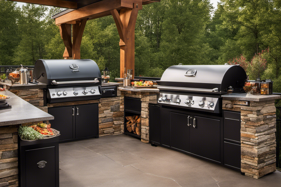 An image showcasing two outdoor kitchens side by side, each adorned with a sleek Pit Boss and a sophisticated Traeger Wood Pellet Smoker