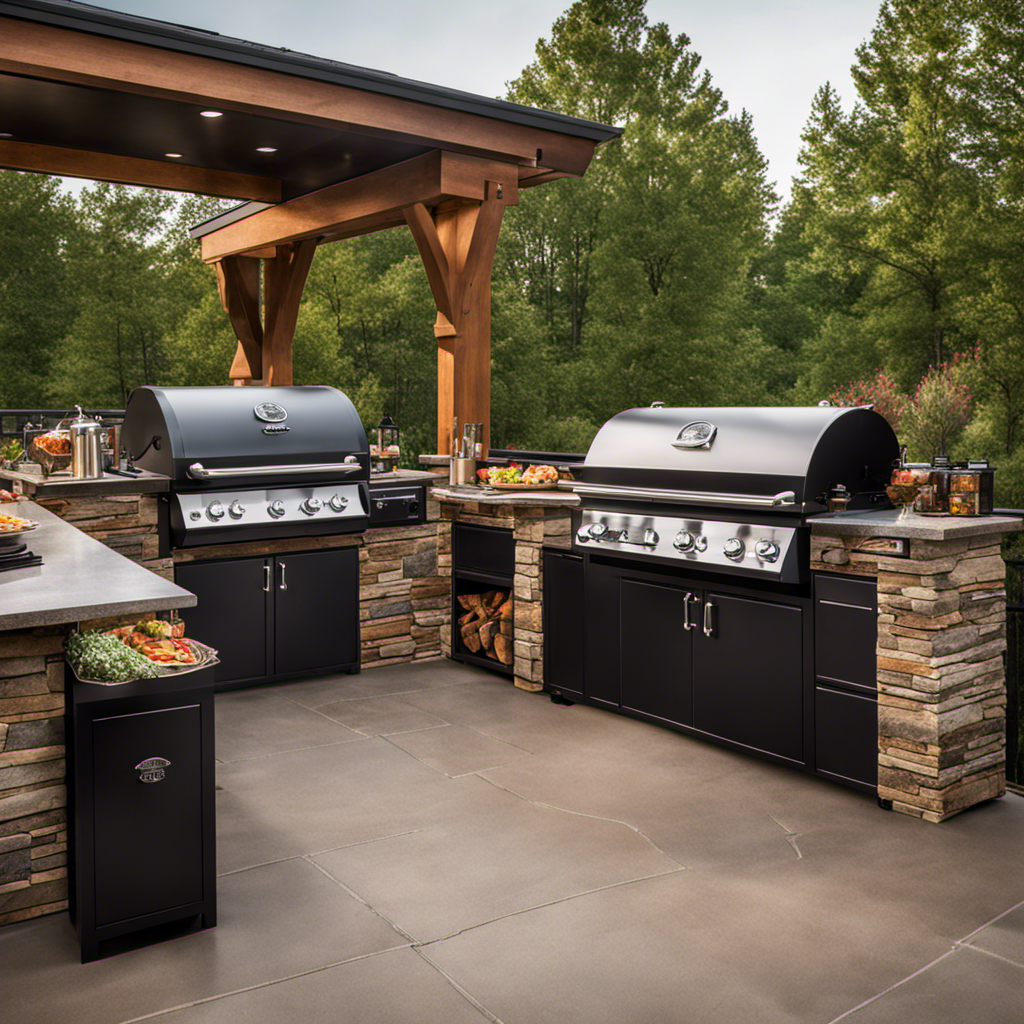 An image showcasing two outdoor kitchens side by side, each adorned with a sleek Pit Boss and a sophisticated Traeger Wood Pellet Smoker
