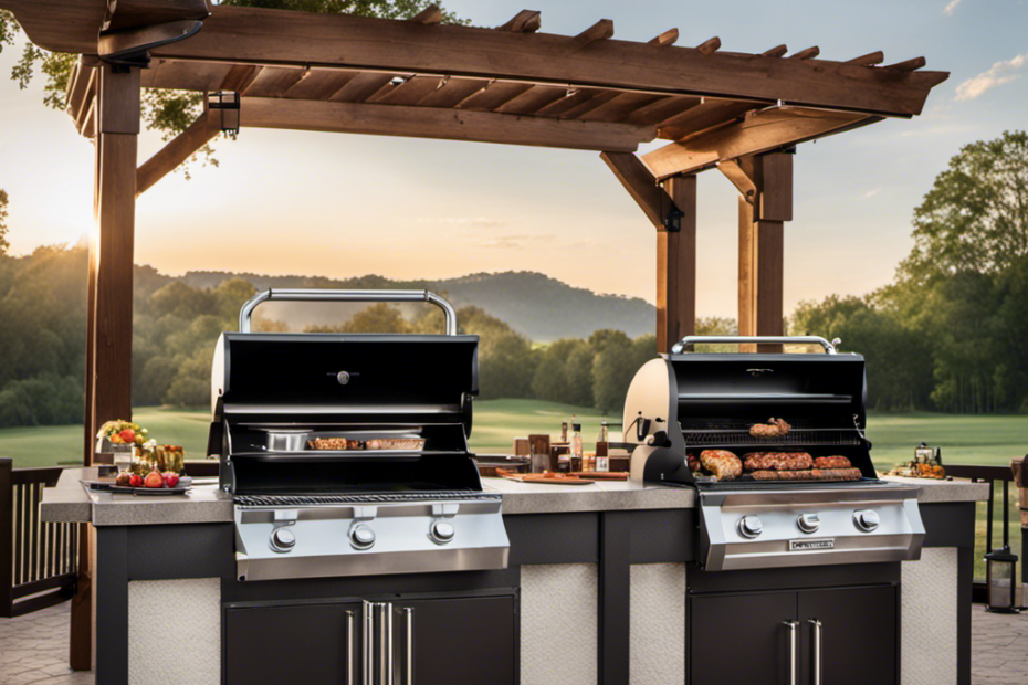 An image showcasing two outdoor kitchens side by side, each with a Pitboss and a Traeger Wood Pellet Smoker