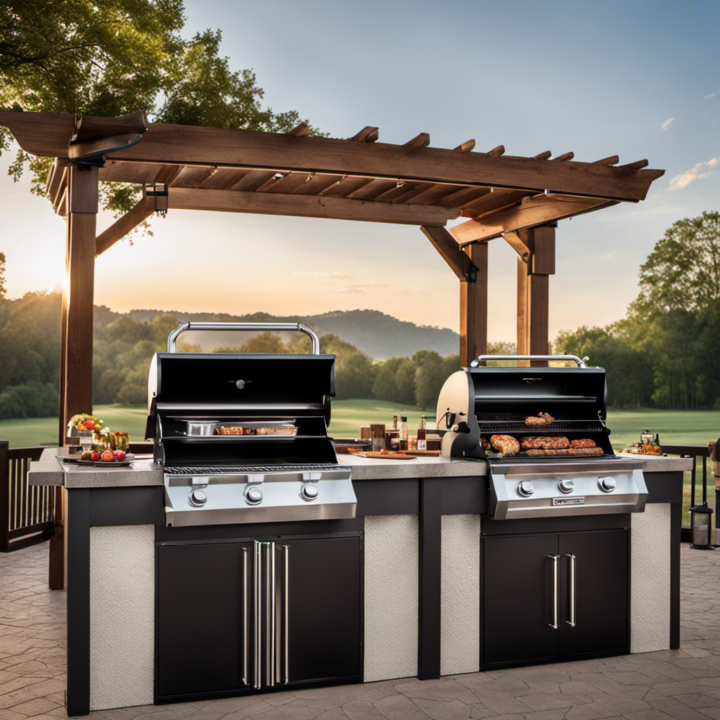 An image showcasing two outdoor kitchens side by side, each with a Pitboss and a Traeger Wood Pellet Smoker