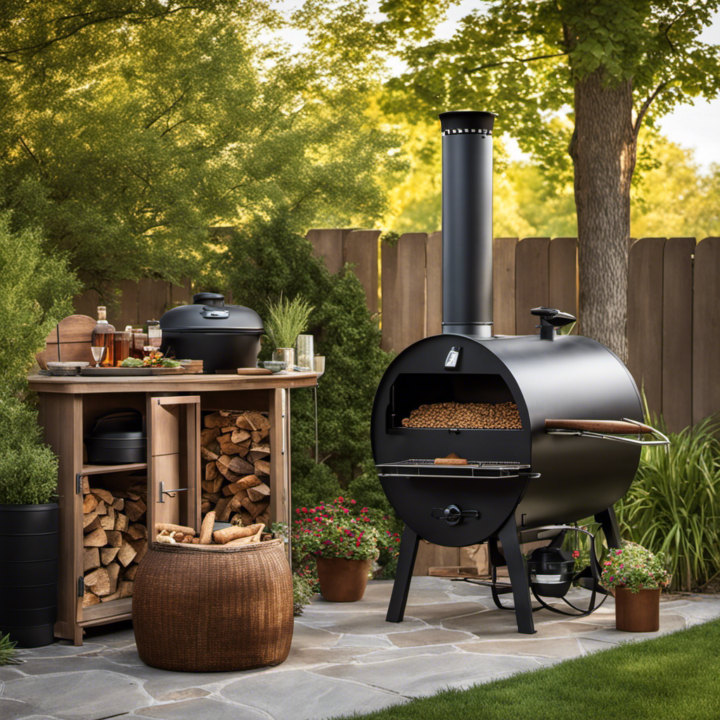 An image showcasing a serene backyard scene with a wood smoker and a pellet smoker side by side