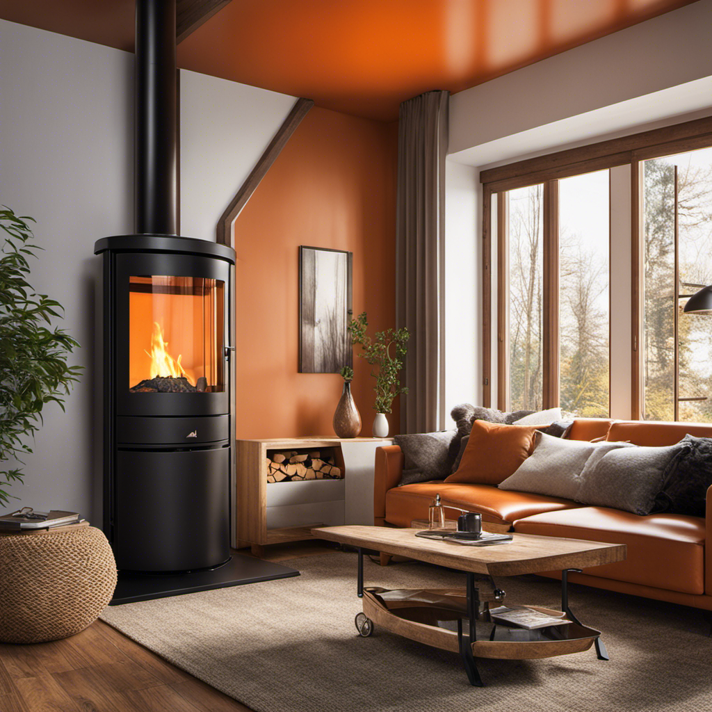 An image showcasing a cozy living room with a crackling wood stove, emanating a warm orange glow, contrasting with a sleek and modern pellet stove in the background