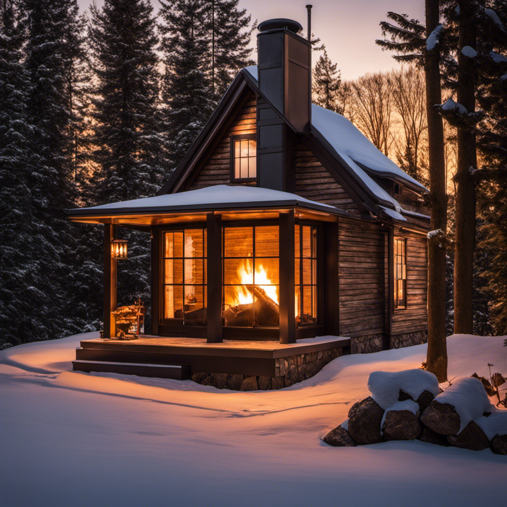 An image showcasing a cozy, two-story house with a rustic wood furnace emanating a warm glow, juxtaposed with a modern pellet stove emitting efficient, eco-friendly flames, and a classic wood stove exuding timeless charm