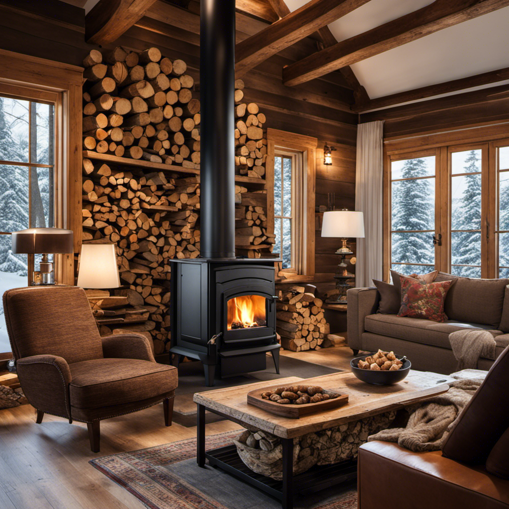 An image showcasing a cozy living room with a wood stove radiating natural warmth, surrounded by the rustic charm of stacked firewood, contrasting against a sleek pellet stove emitting clean, eco-friendly heat