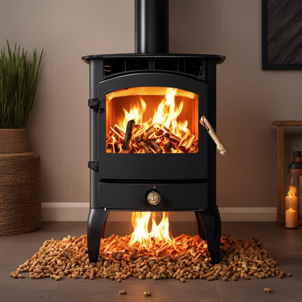 An image that depicts a wood pellet stove in action, with a pile of wood pellets being gradually consumed, emitting warm and cozy flames, showcasing the consumption rate of the stove