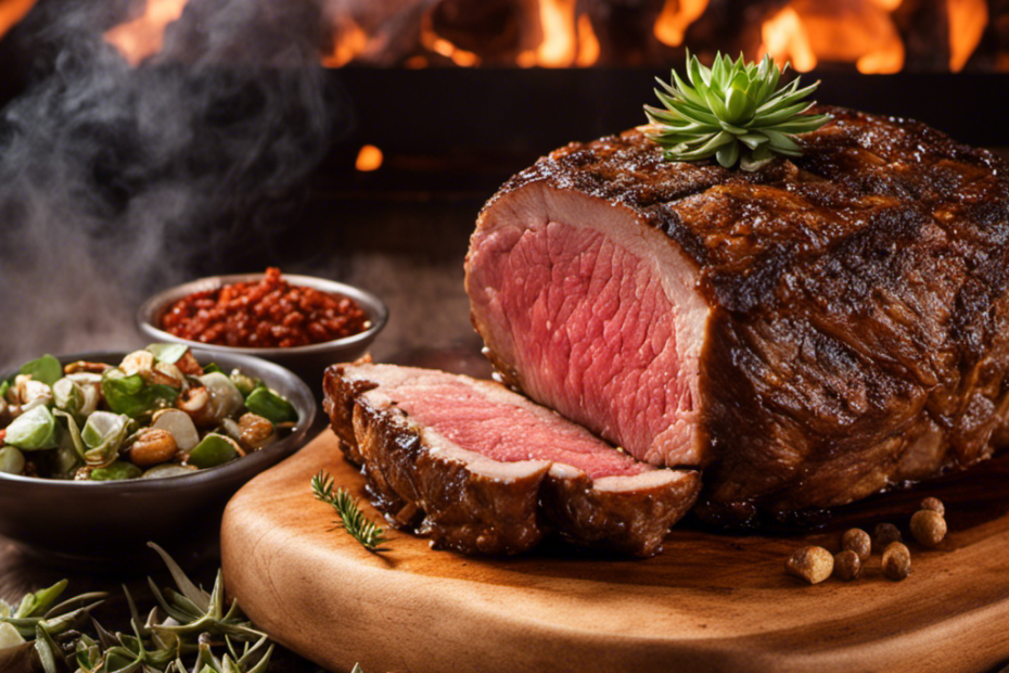 An image showcasing a succulent prime rib sizzling on a grill, enveloped in a haze of aromatic smoke