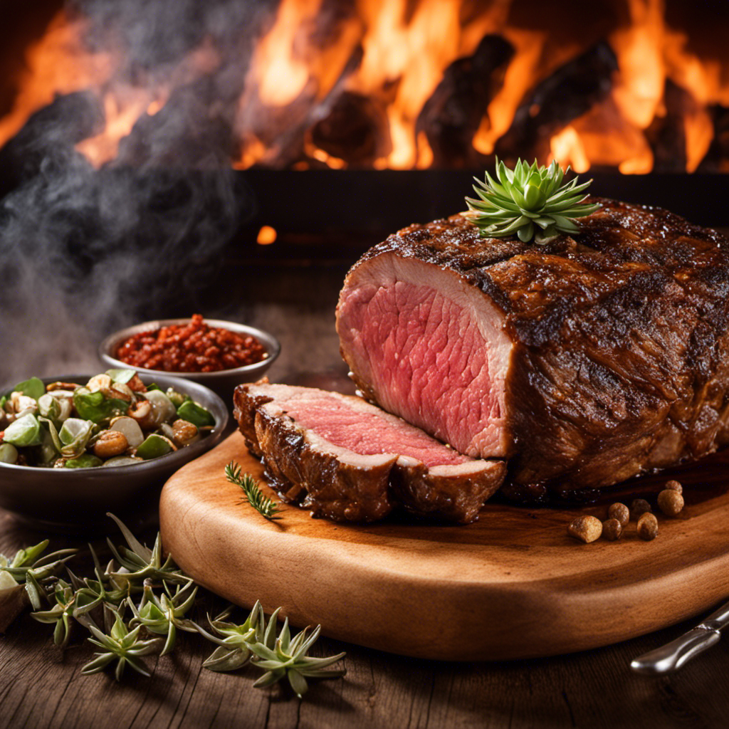 An image showcasing a succulent prime rib sizzling on a grill, enveloped in a haze of aromatic smoke