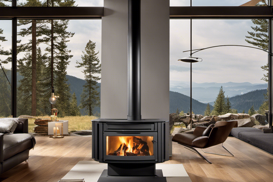 An image showcasing a wood stove placed in a spacious living room, with clearances adhering to Washington's regulations