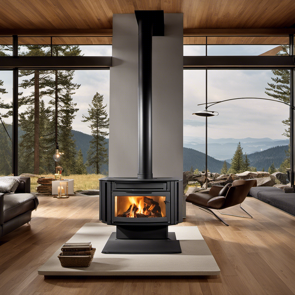 An image showcasing a wood stove placed in a spacious living room, with clearances adhering to Washington's regulations