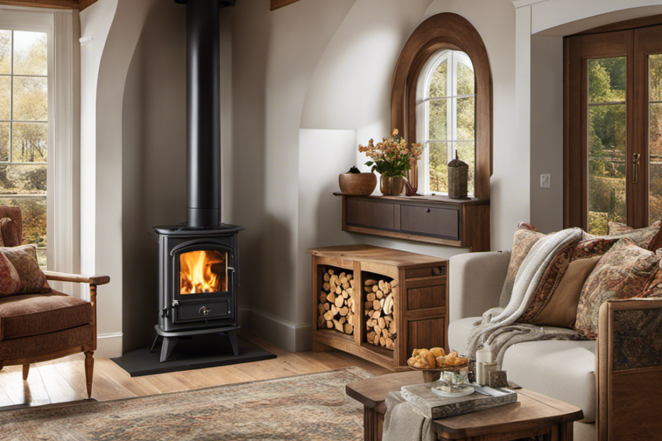 An image showcasing a cozy living room with a wood stove and a pellet stove side by side
