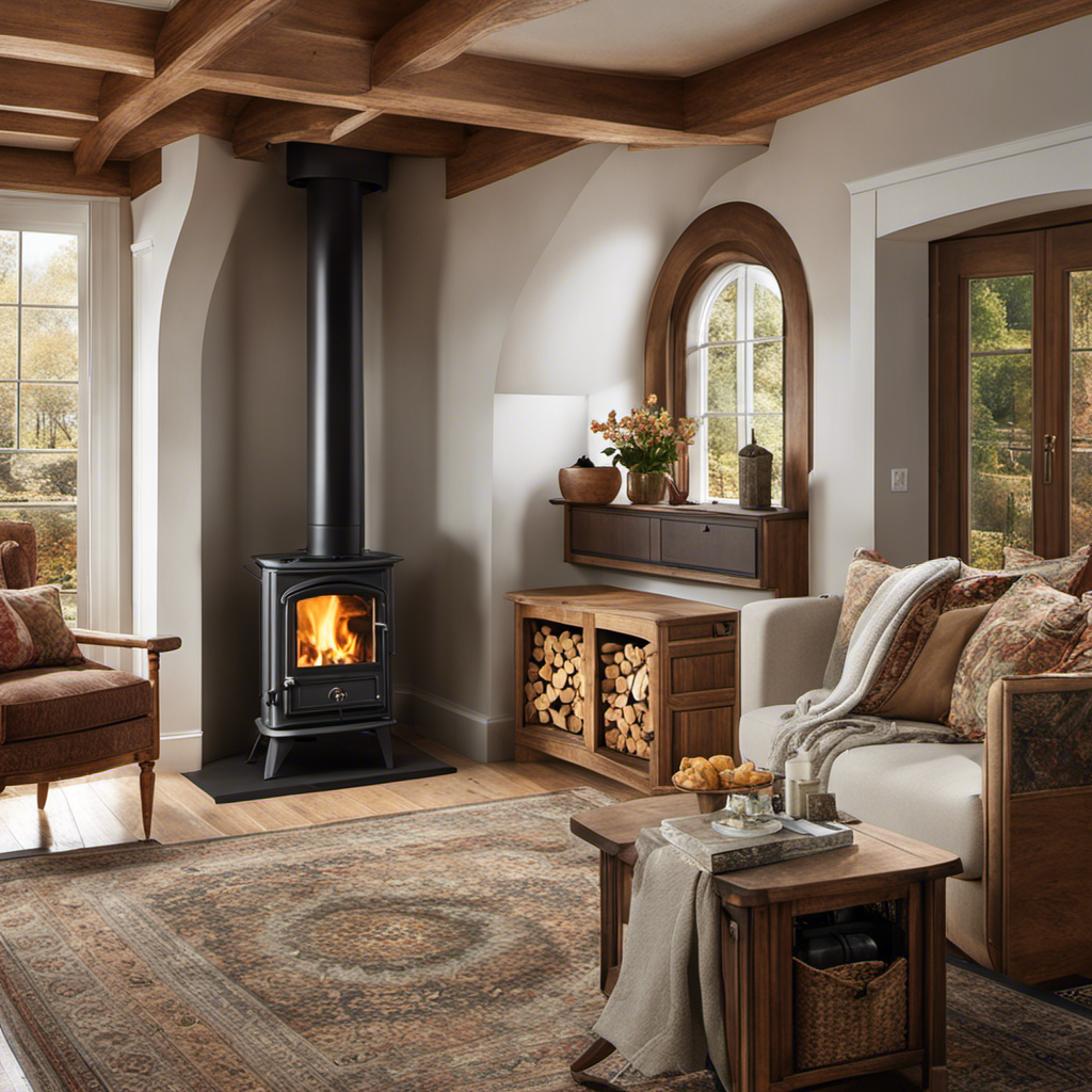 An image showcasing a cozy living room with a wood stove and a pellet stove side by side