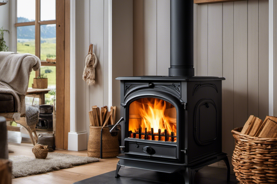 An image showcasing a cozy living room with a newly installed wood stove, surrounded by fireproof materials such as a hearth, fire-resistant walls, and a smoke detector, highlighting the essentials for adding a wood stove to home insurance