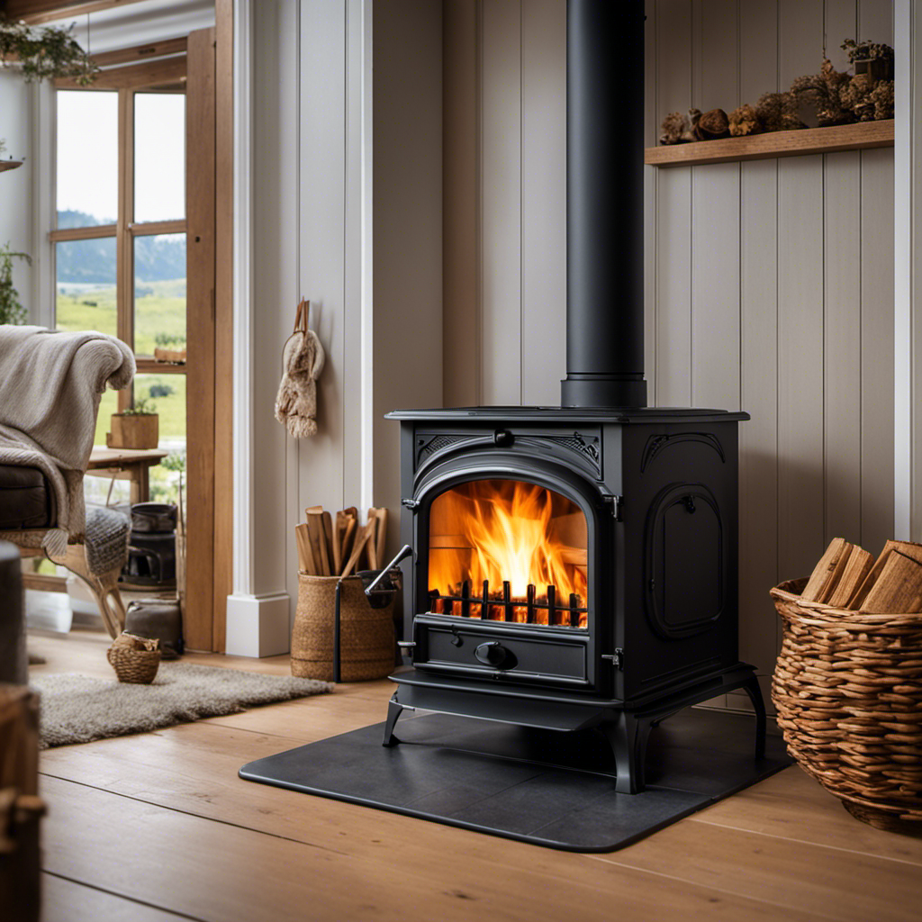An image showcasing a cozy living room with a newly installed wood stove, surrounded by fireproof materials such as a hearth, fire-resistant walls, and a smoke detector, highlighting the essentials for adding a wood stove to home insurance