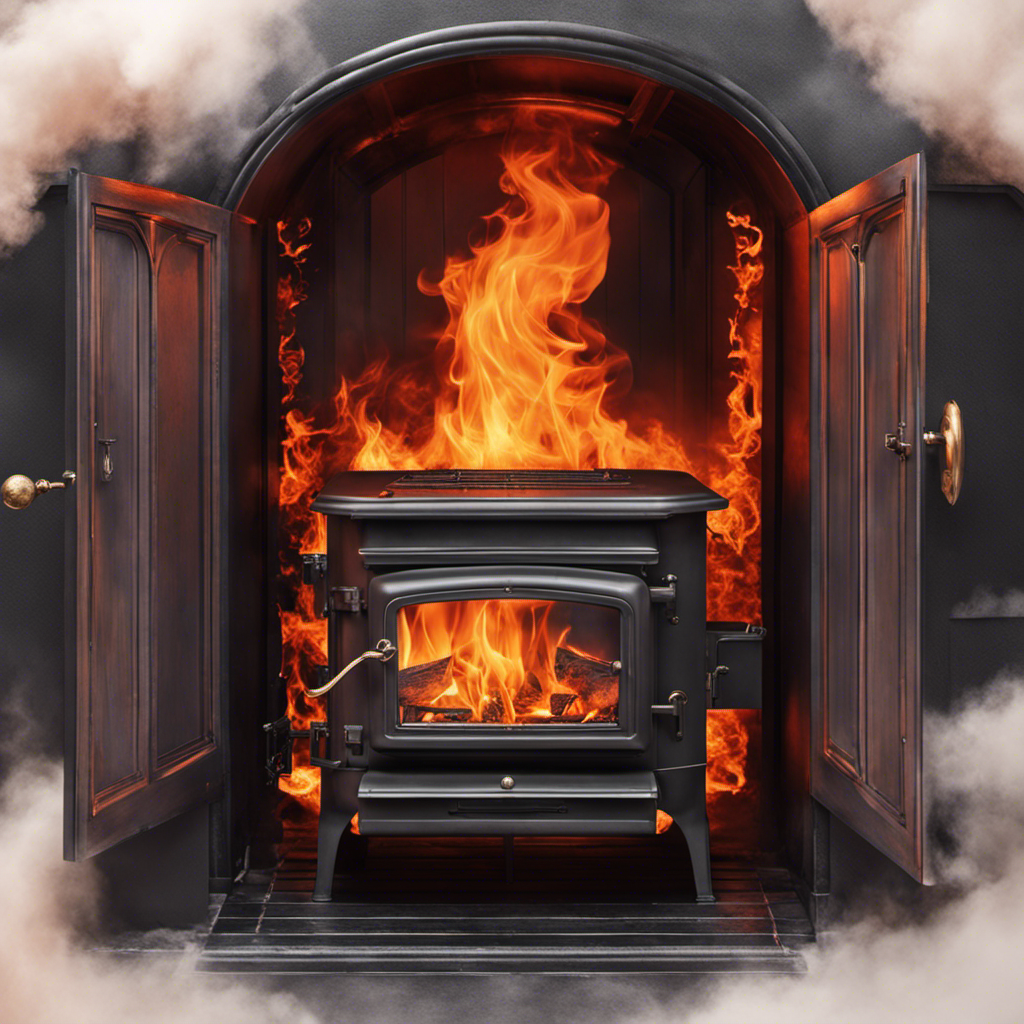 An image featuring a close-up of a wood stove with flames roaring out from the door, engulfing the interior