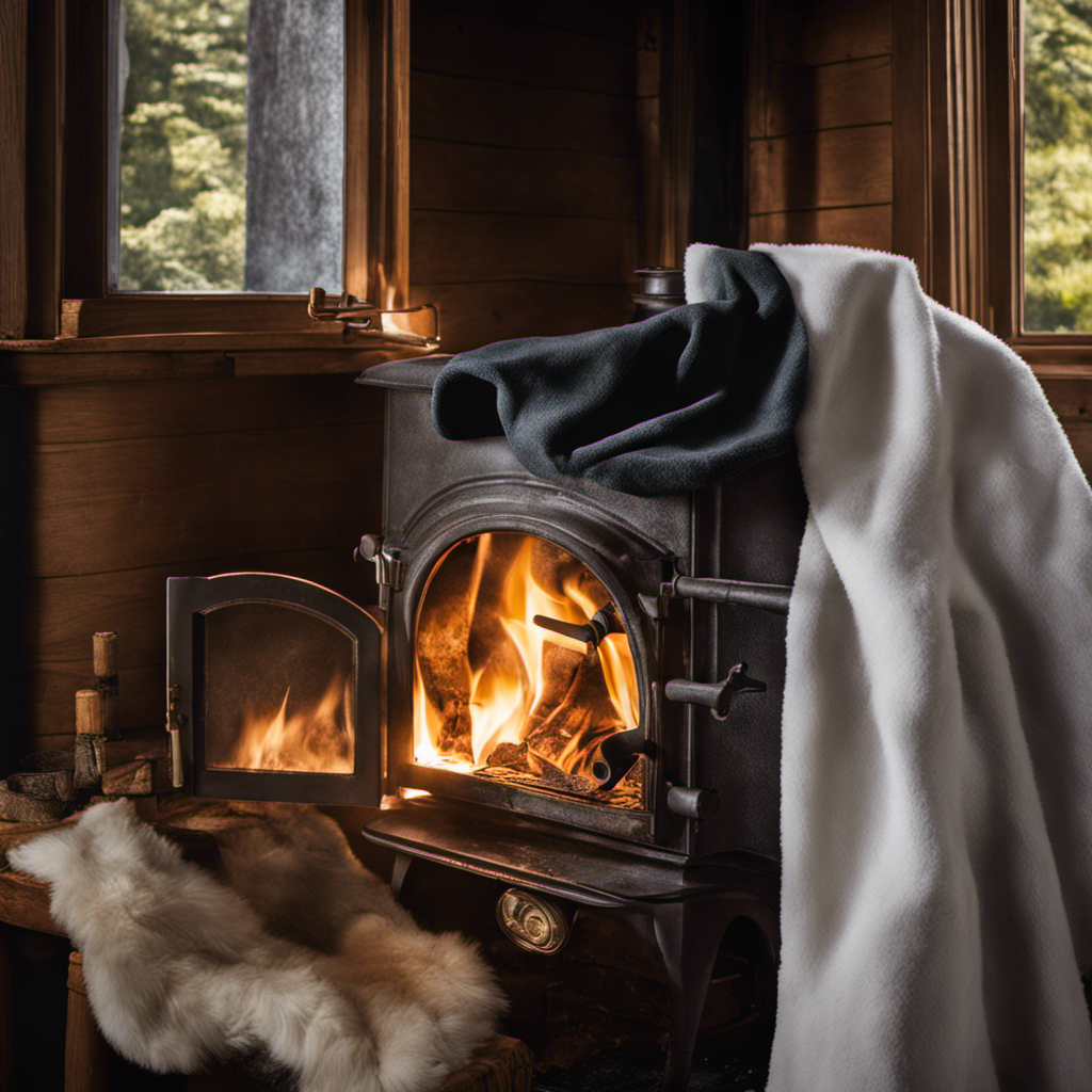 An image showcasing a pair of gloved hands delicately removing soot residue from a wood stove window using a soft microfiber cloth