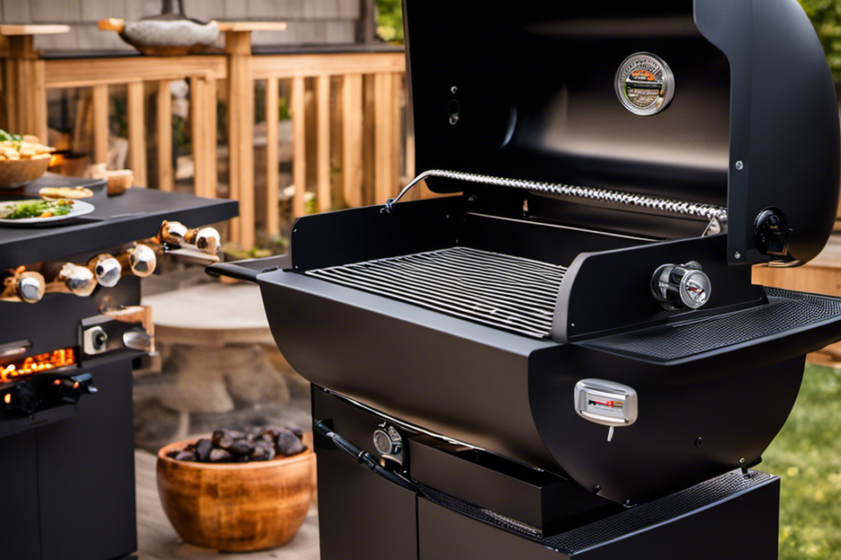 An image showcasing a wood pellet grill in action, with the grill's electrical cord connected to a power outlet