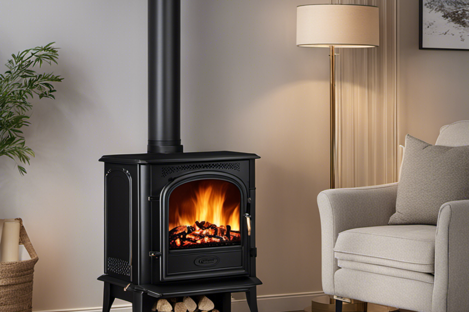 An image showcasing a cozy living room adorned with a sleek, black wood pellet stove