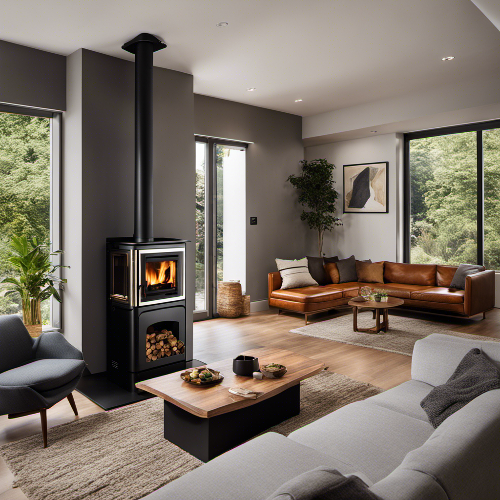 An image showcasing a modern living room with a sleek, black coal pellet stove