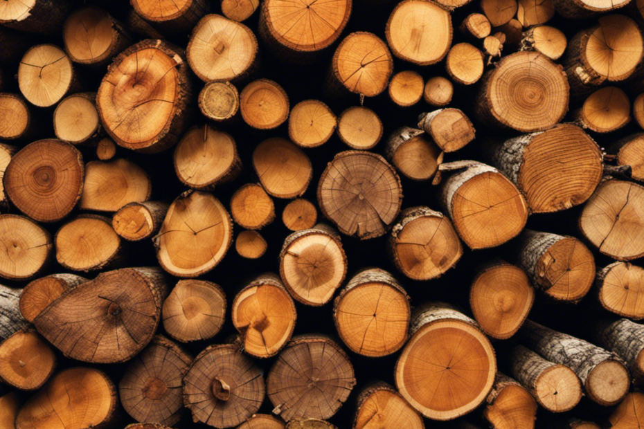 An image showcasing a neatly stacked pile of seasoned hardwood logs, displaying different wood species, such as oak, maple, and birch, with their distinct textures, colors, and grain patterns
