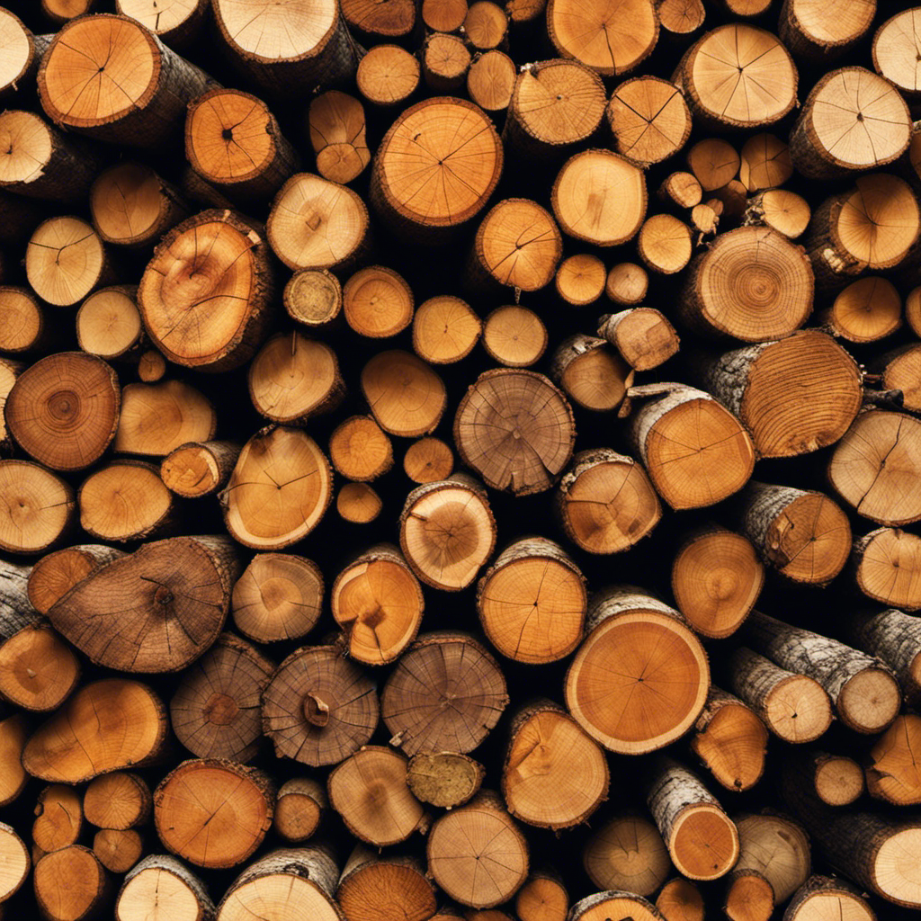 An image showcasing a neatly stacked pile of seasoned hardwood logs, displaying different wood species, such as oak, maple, and birch, with their distinct textures, colors, and grain patterns