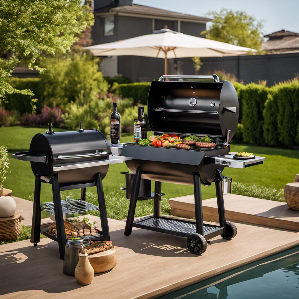 An image showcasing a sleek, compact wood pellet grill with a stainless steel exterior and a large cooking surface