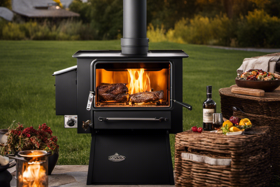 An image showcasing a compact Traeger pellet wood stove in a cozy outdoor setting
