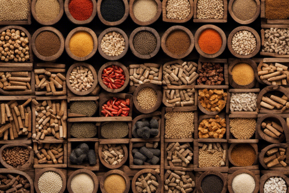 An image that showcases different types of wood pellets neatly arranged in rows on a rustic background