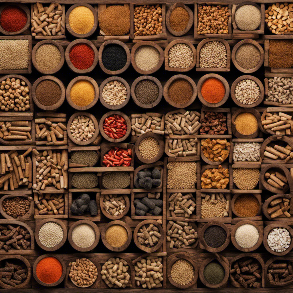 An image that showcases different types of wood pellets neatly arranged in rows on a rustic background
