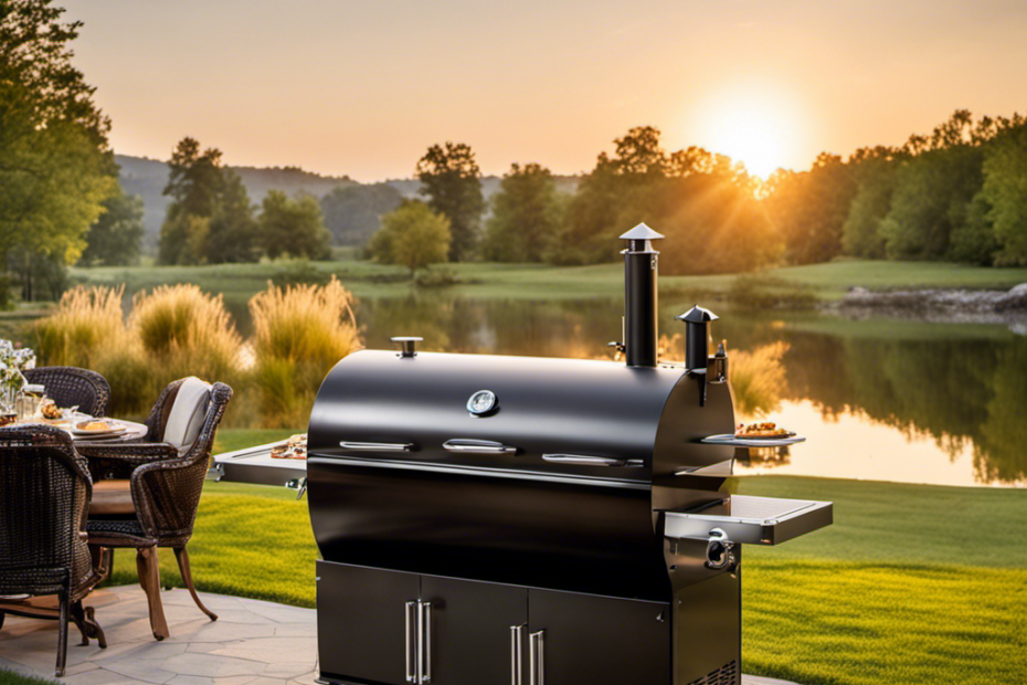 An image capturing a picturesque backyard scene with a sleek, stainless steel wood pellet smoker grill as the focal point