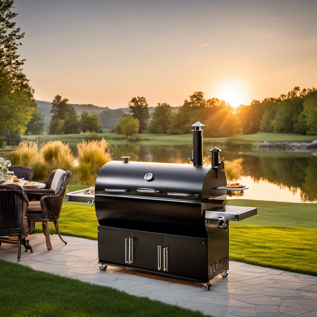 An image capturing a picturesque backyard scene with a sleek, stainless steel wood pellet smoker grill as the focal point